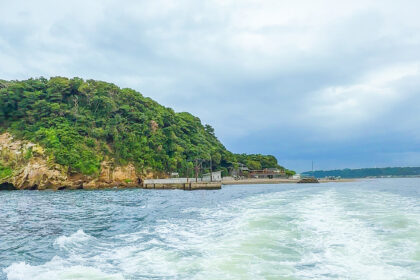 東京湾内にある唯一の自然島・無人島「猿島」をフェリーから撮影した様子